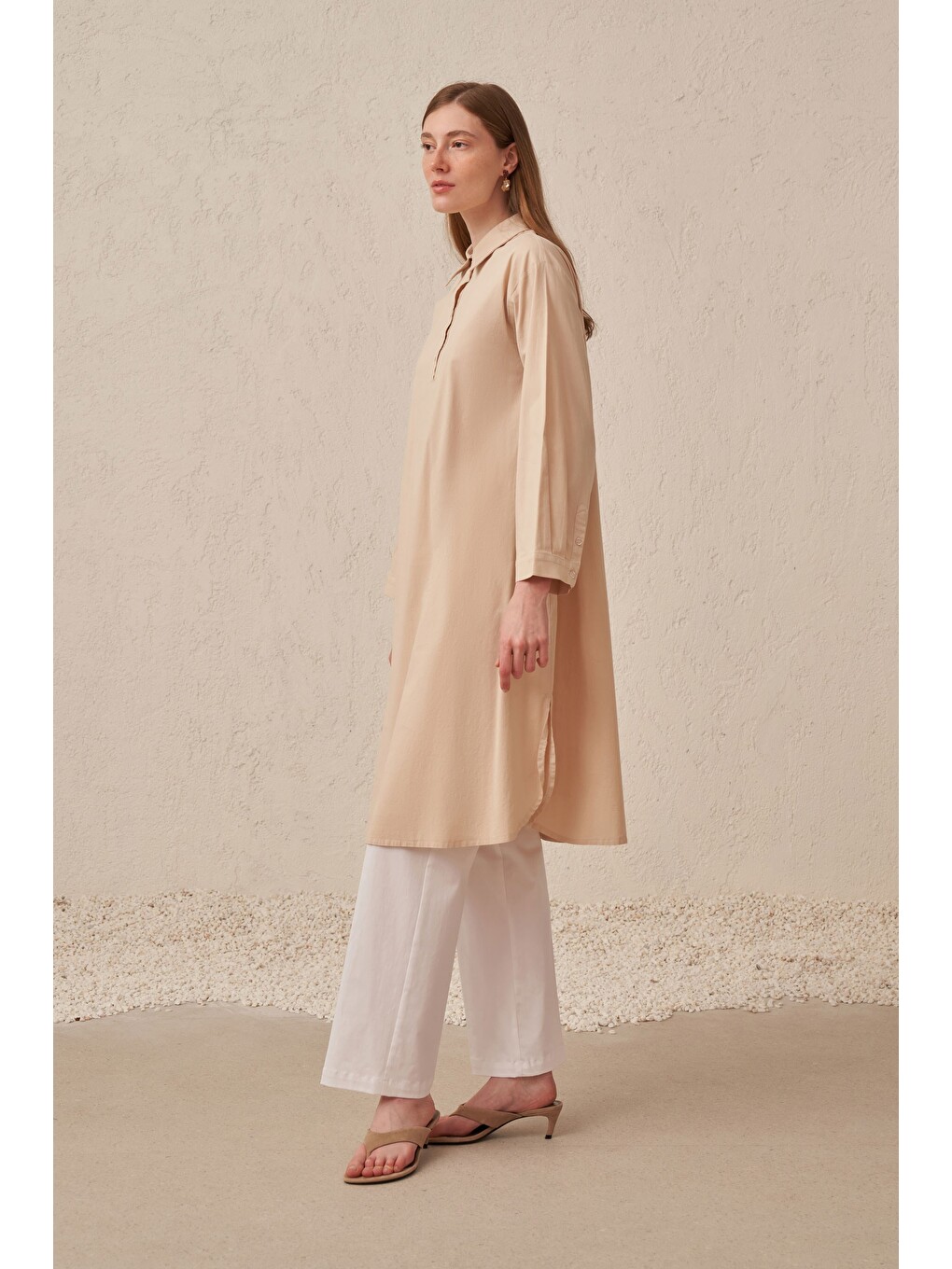 Bej Taş-düğme Detaylı Poplin Tunik-1