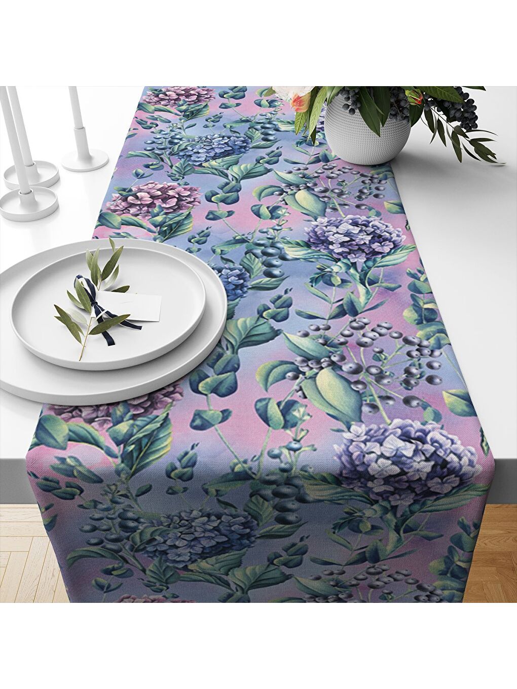 Karışık Bahar Temalı Ortanca Desenli Kadife Kumaş Dijital Baskılı Runner-1