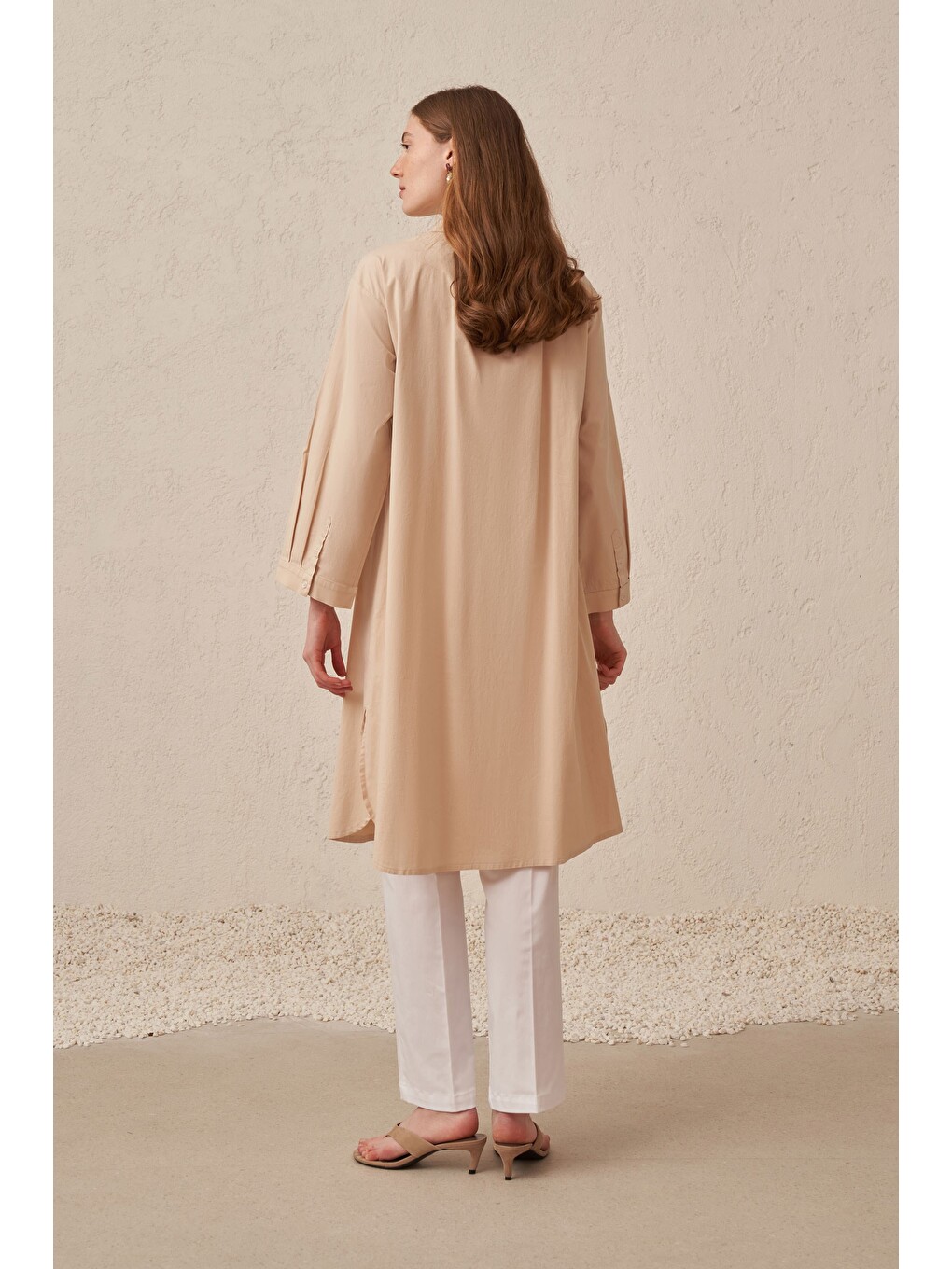 Bej Taş-düğme Detaylı Poplin Tunik-2