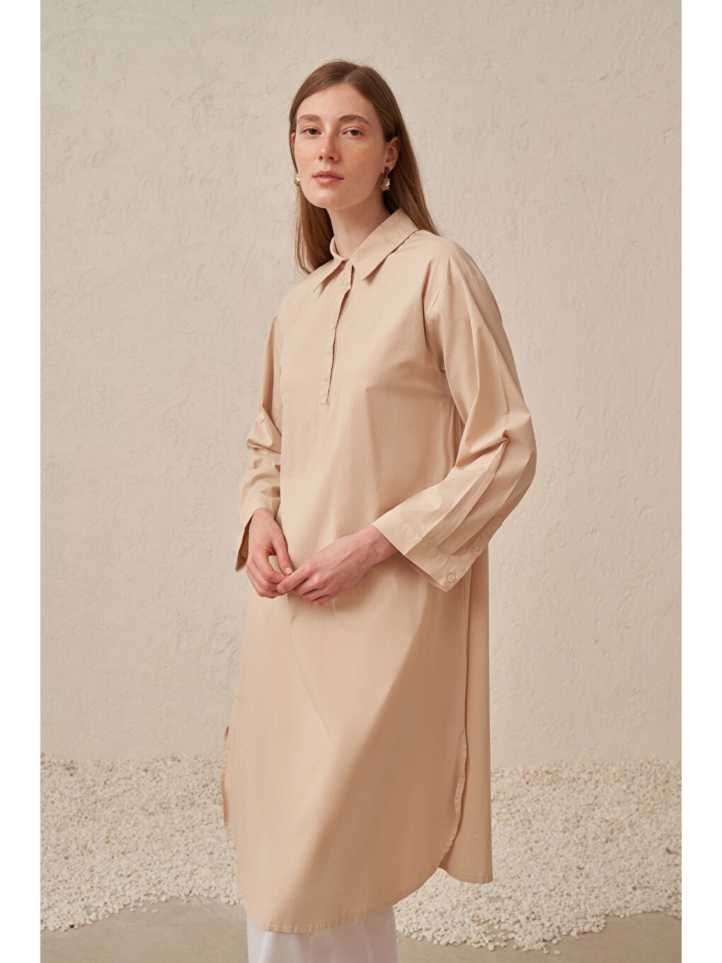 Bej Taş-düğme Detaylı Poplin Tunik-3