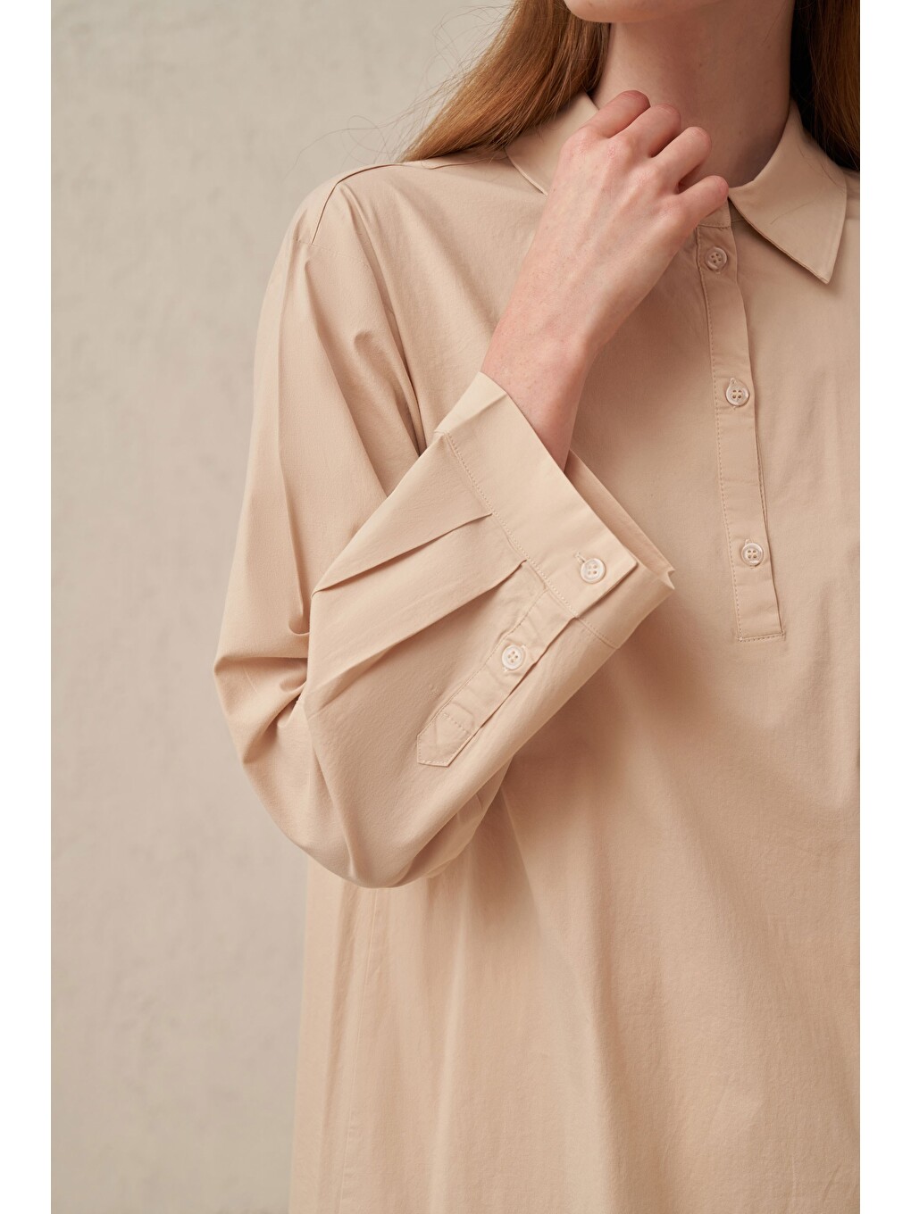 Bej Taş-düğme Detaylı Poplin Tunik-4