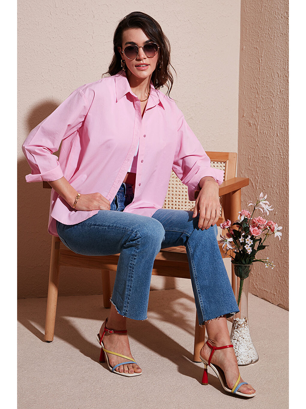 Pembe Pamuklu Regular Fit Önü Kısa Arkası Uzun Oval Kesim Gömlek Cf25S163867-1