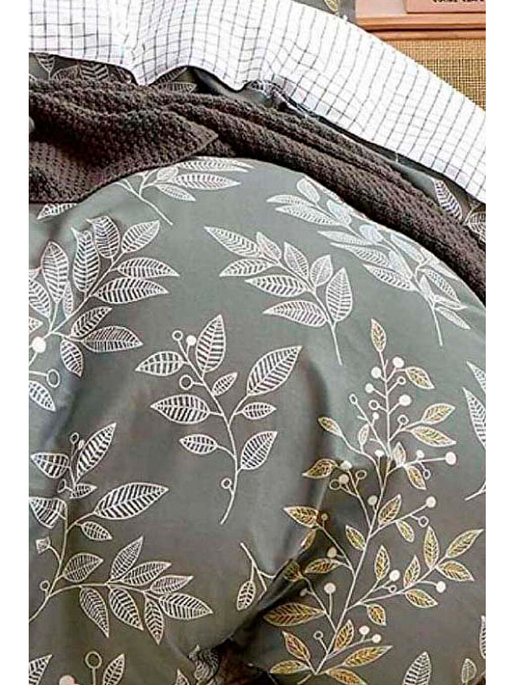 Kolay Ütülenir Nevresim Takımı Çift Kişilik Line Leaf Zümrüt Yeşili-1