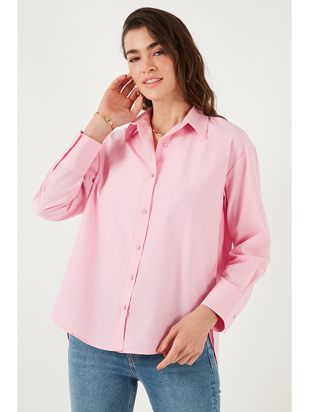 Pembe Pamuklu Regular Fit Önü Kısa Arkası Uzun Oval Kesim Gömlek Cf25S163867-3