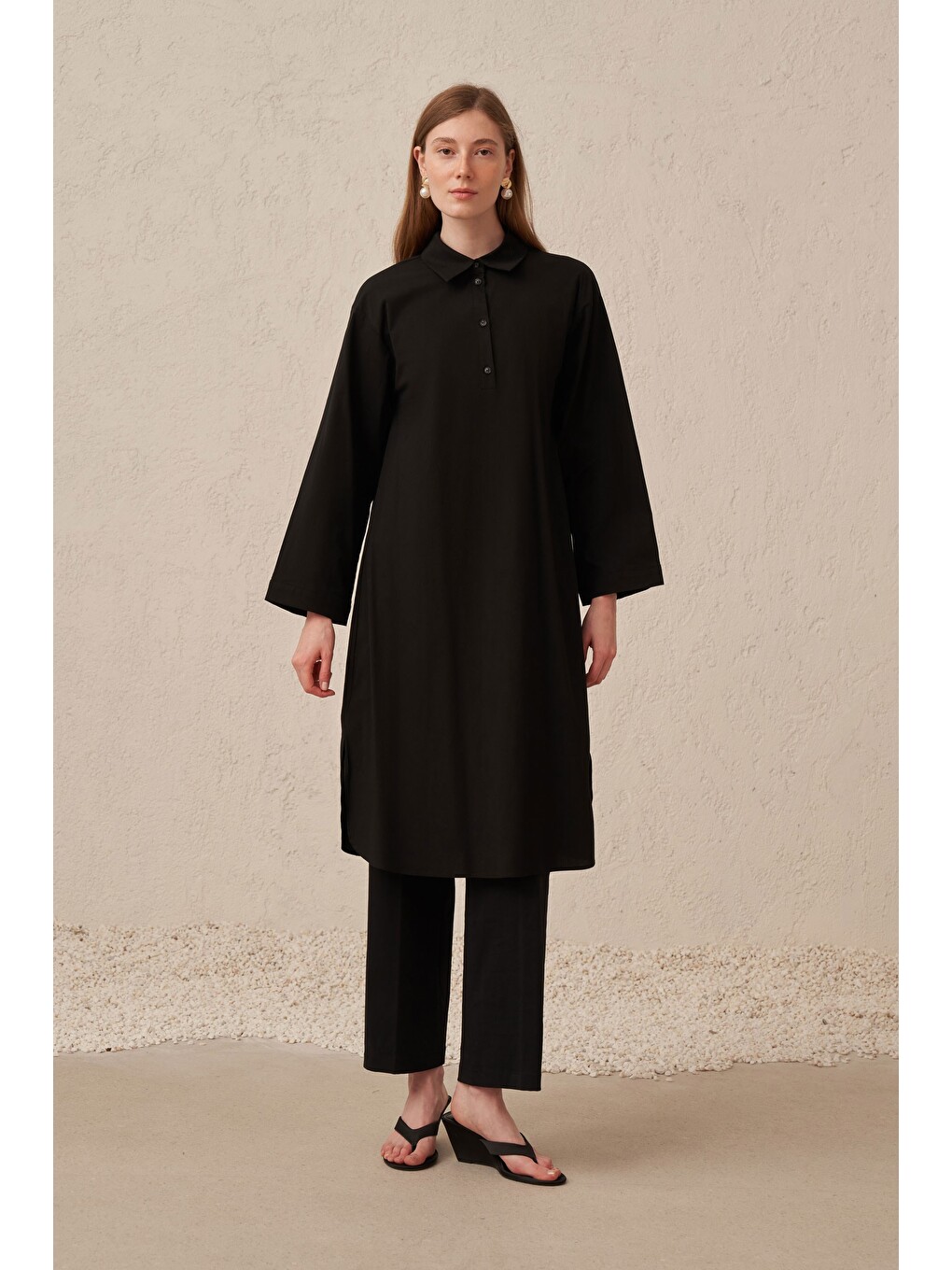 Siyah-düğme Detaylı Poplin Tunik