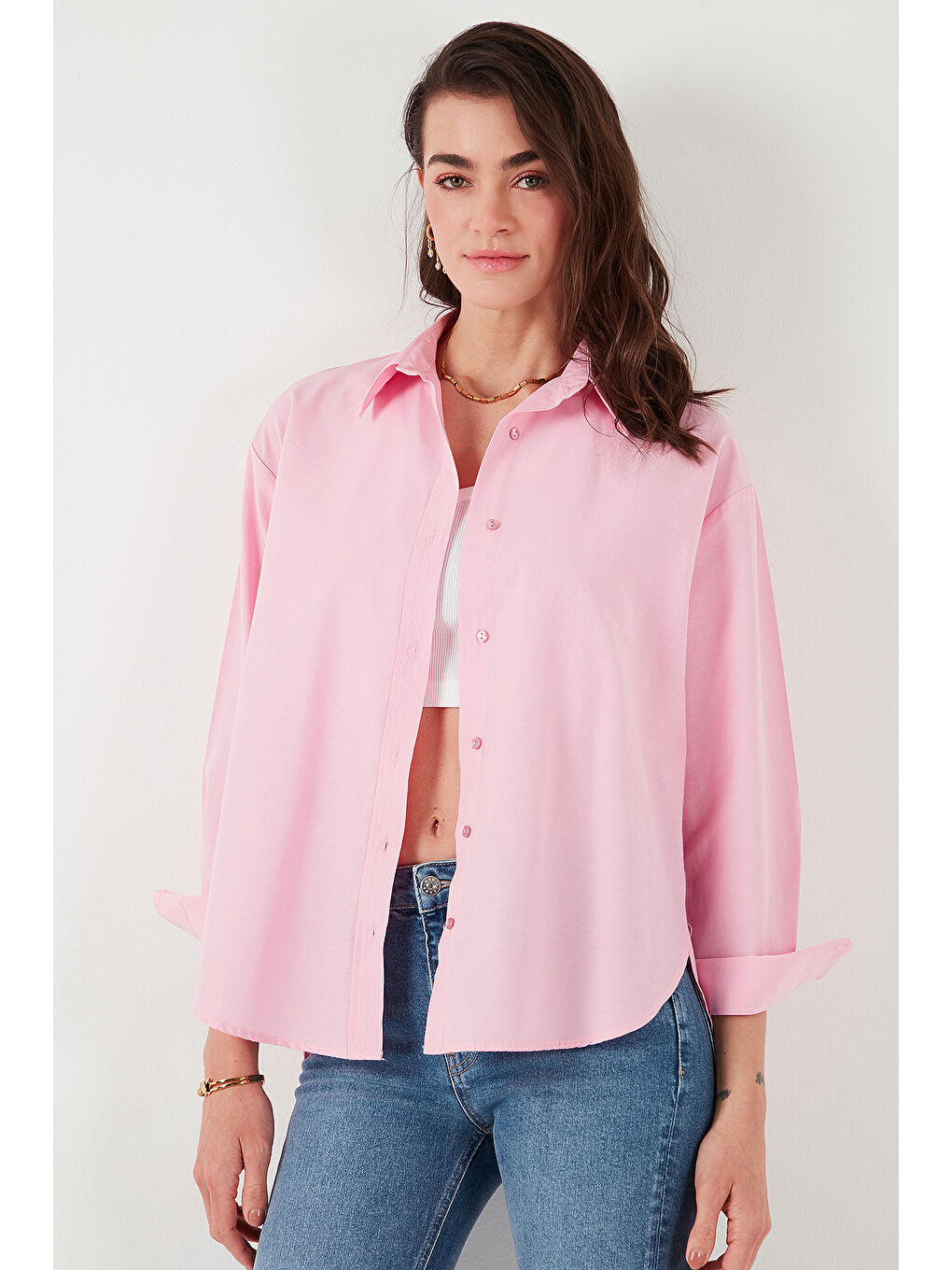 Pembe Pamuklu Regular Fit Önü Kısa Arkası Uzun Oval Kesim Gömlek Cf25S163867-5