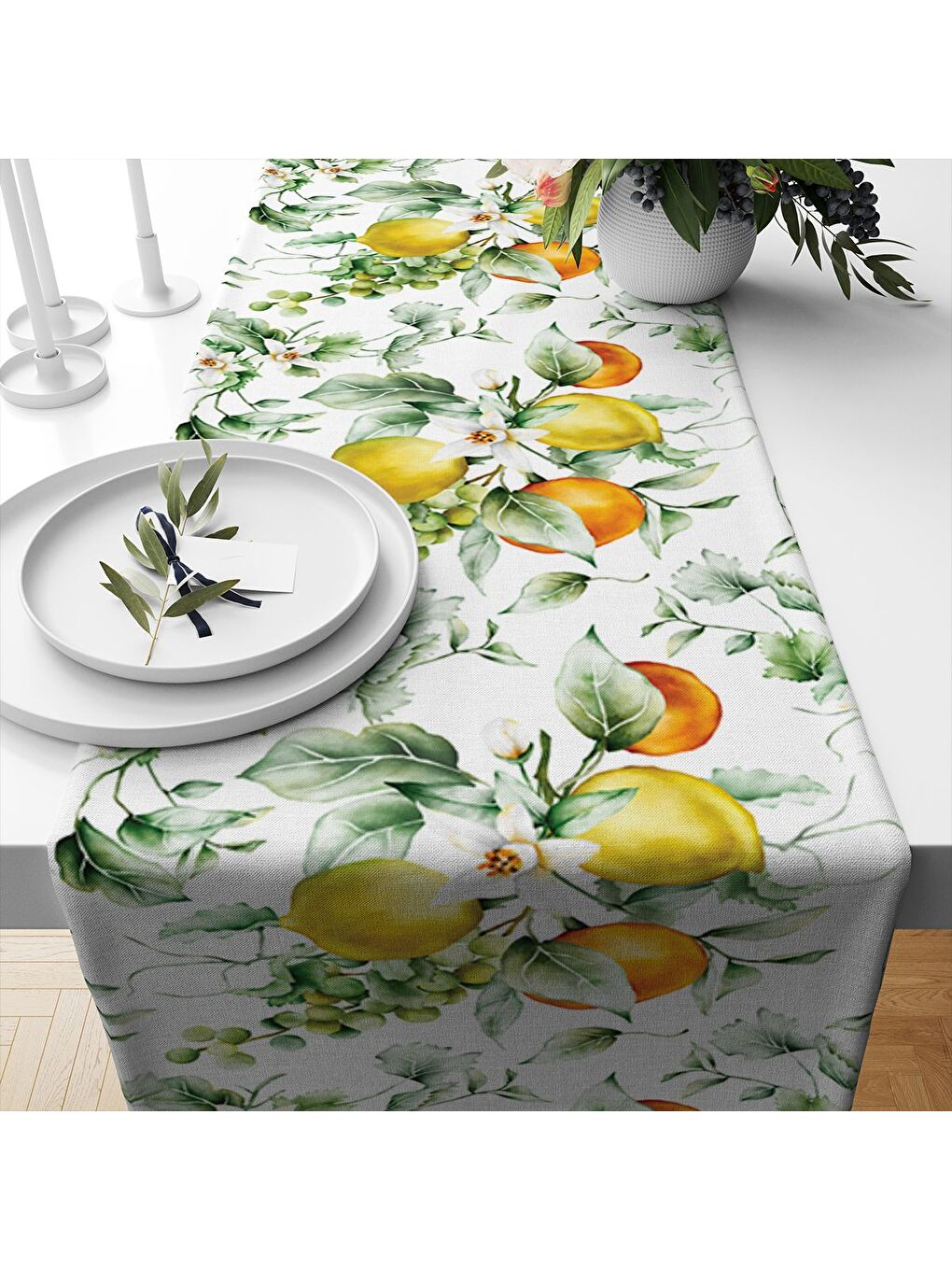 Karışık Bahar Temalı Limon Desenli Kadife Kumaş Dijital Baskılı Runner-1