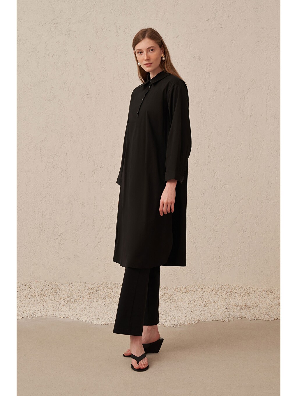 Siyah-düğme Detaylı Poplin Tunik-1