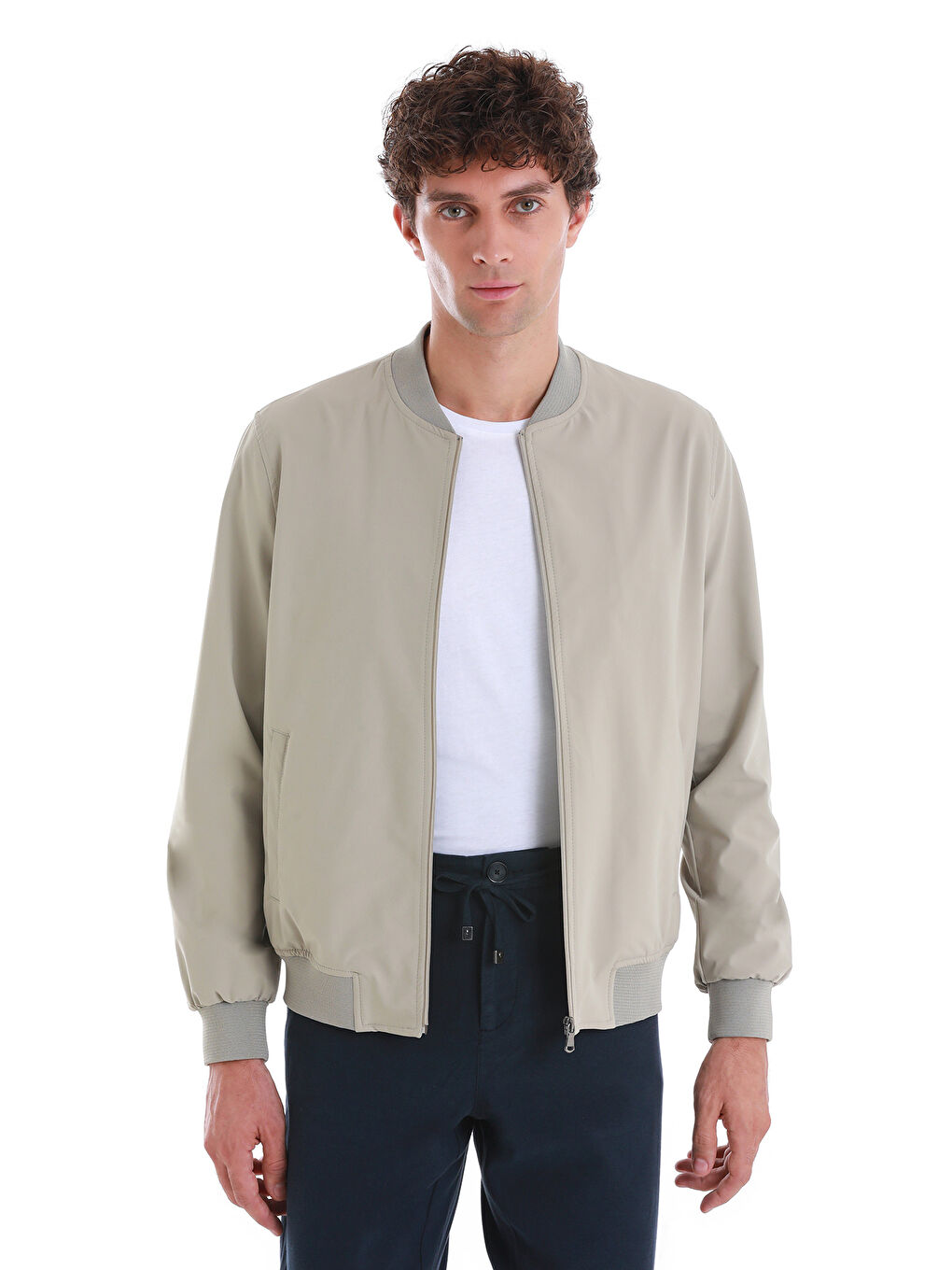 Bej Slim Fit Düz Baharlık Bomber Mont