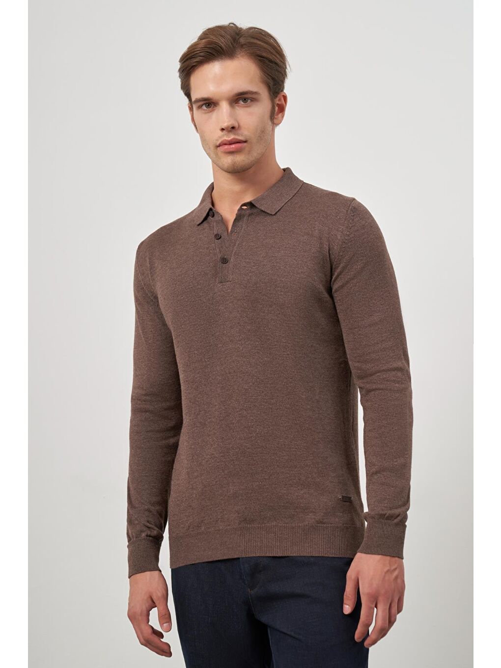 Sütlü Kahverengi Uzun Kol Düz Örme Polo Yaka Classic Comfort Fit Triko 1012245007