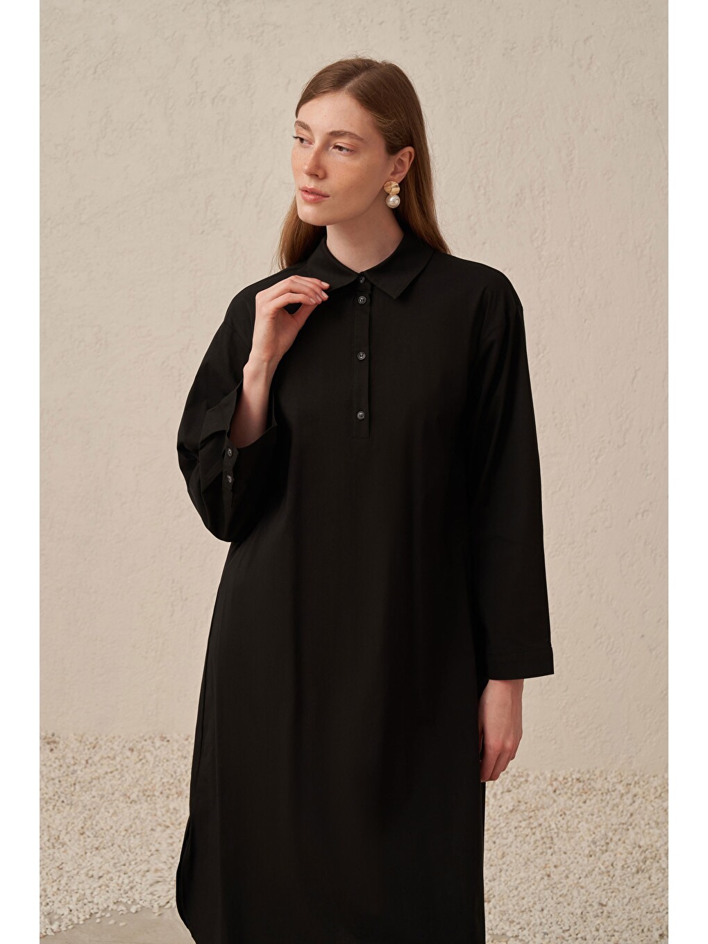 Siyah-düğme Detaylı Poplin Tunik-3