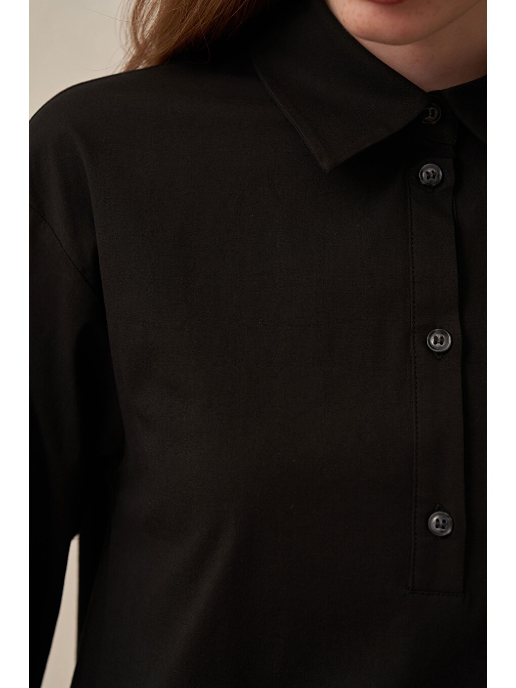 Siyah-düğme Detaylı Poplin Tunik-4