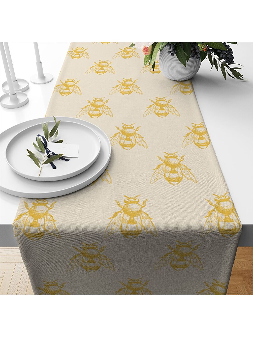 Karışık Bahar Temalı Arı Desenli Kadife Kumaş Dijital Baskılı Runner-1