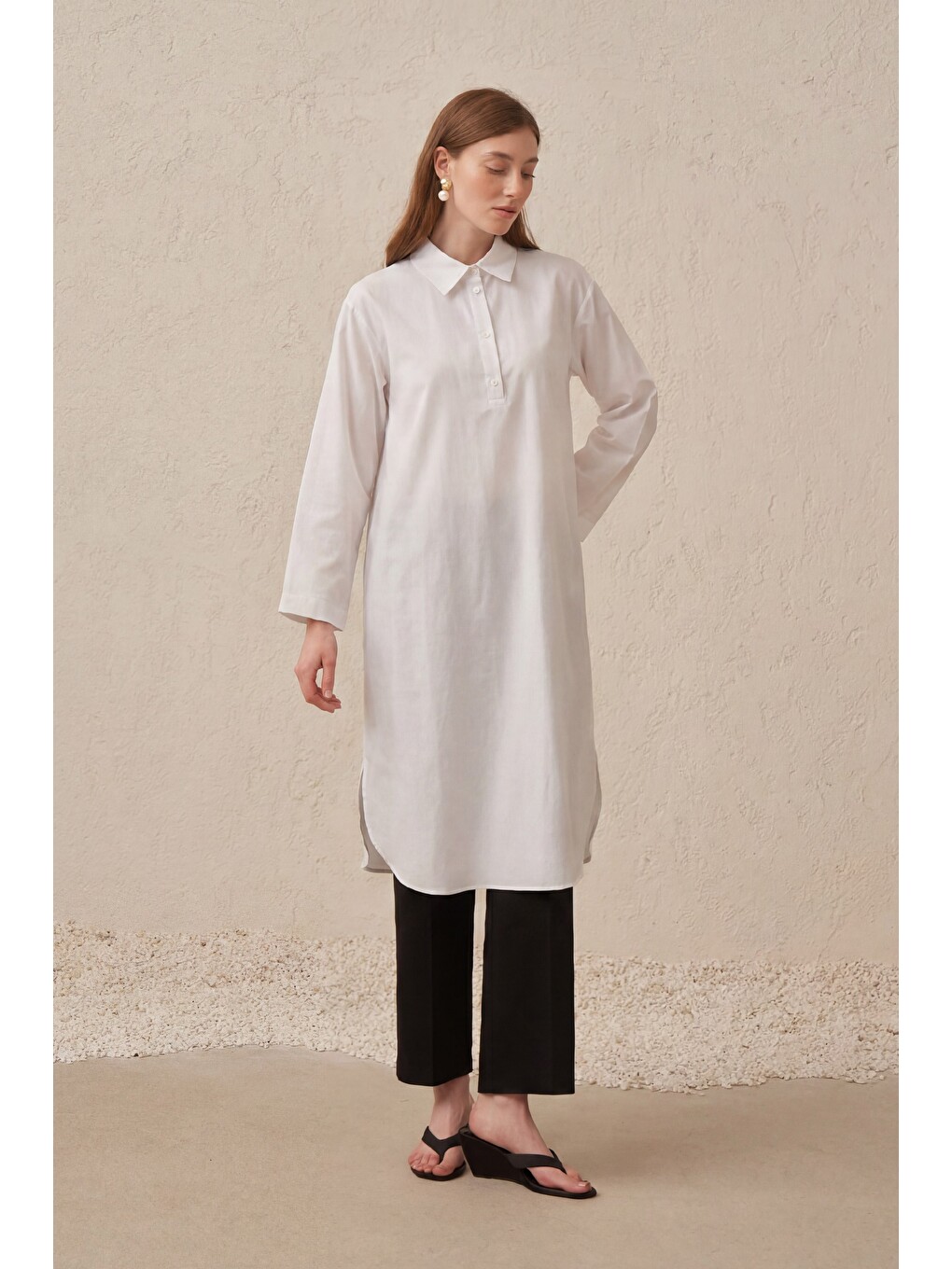 Beyaz-düğme Detaylı Poplin Tunik