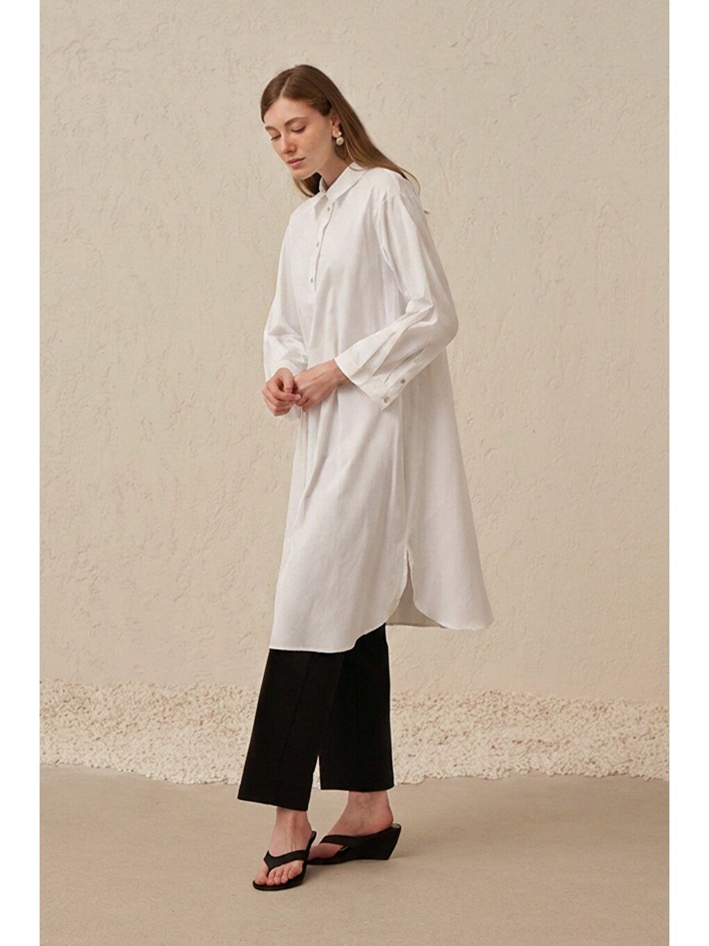 Beyaz-düğme Detaylı Poplin Tunik-1