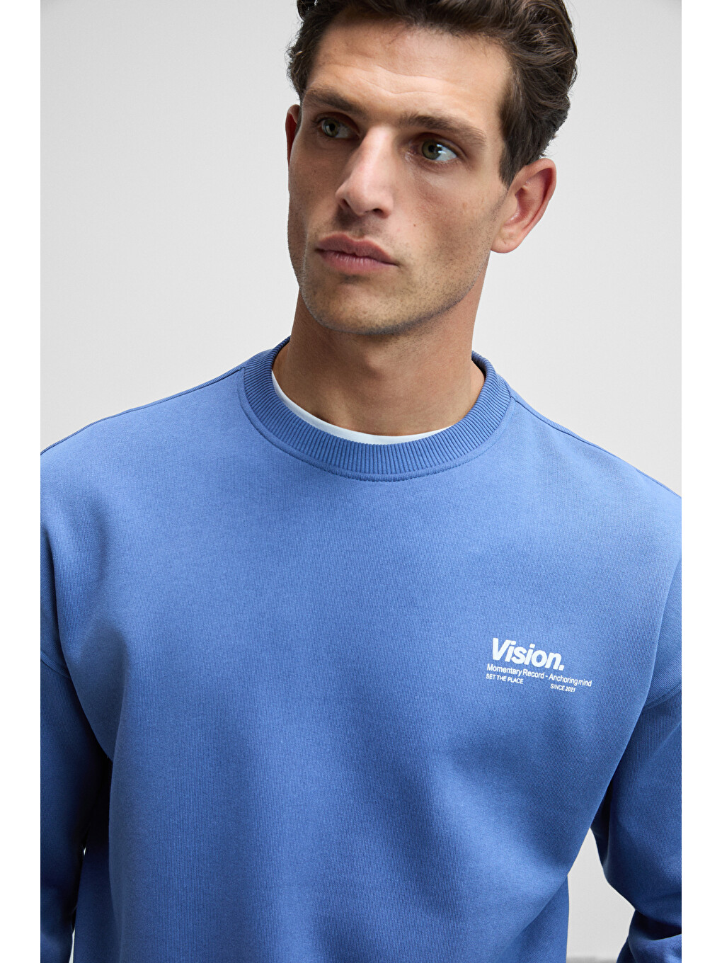 Ernest Erkek Organik Pamuklu Yumuşacık Baskı Detaylı Bisiklet Yaka İçi Polarlı Açık Mavi Sweatshirt-1