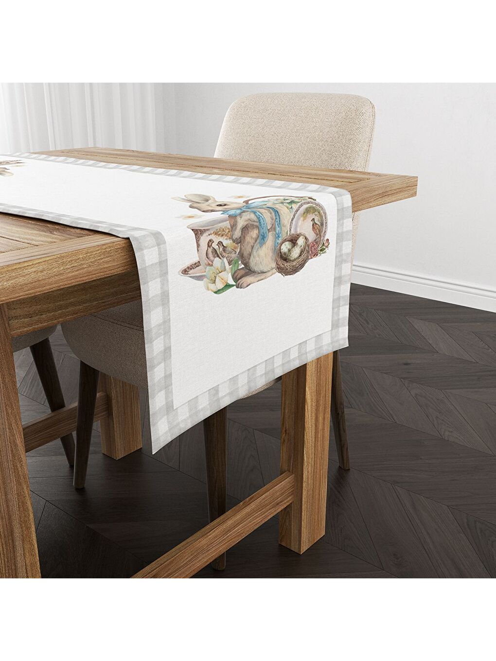 Karışık Bahar Temalı Tavşan Desenli Kadife Kumaş Dijital Baskılı Runner