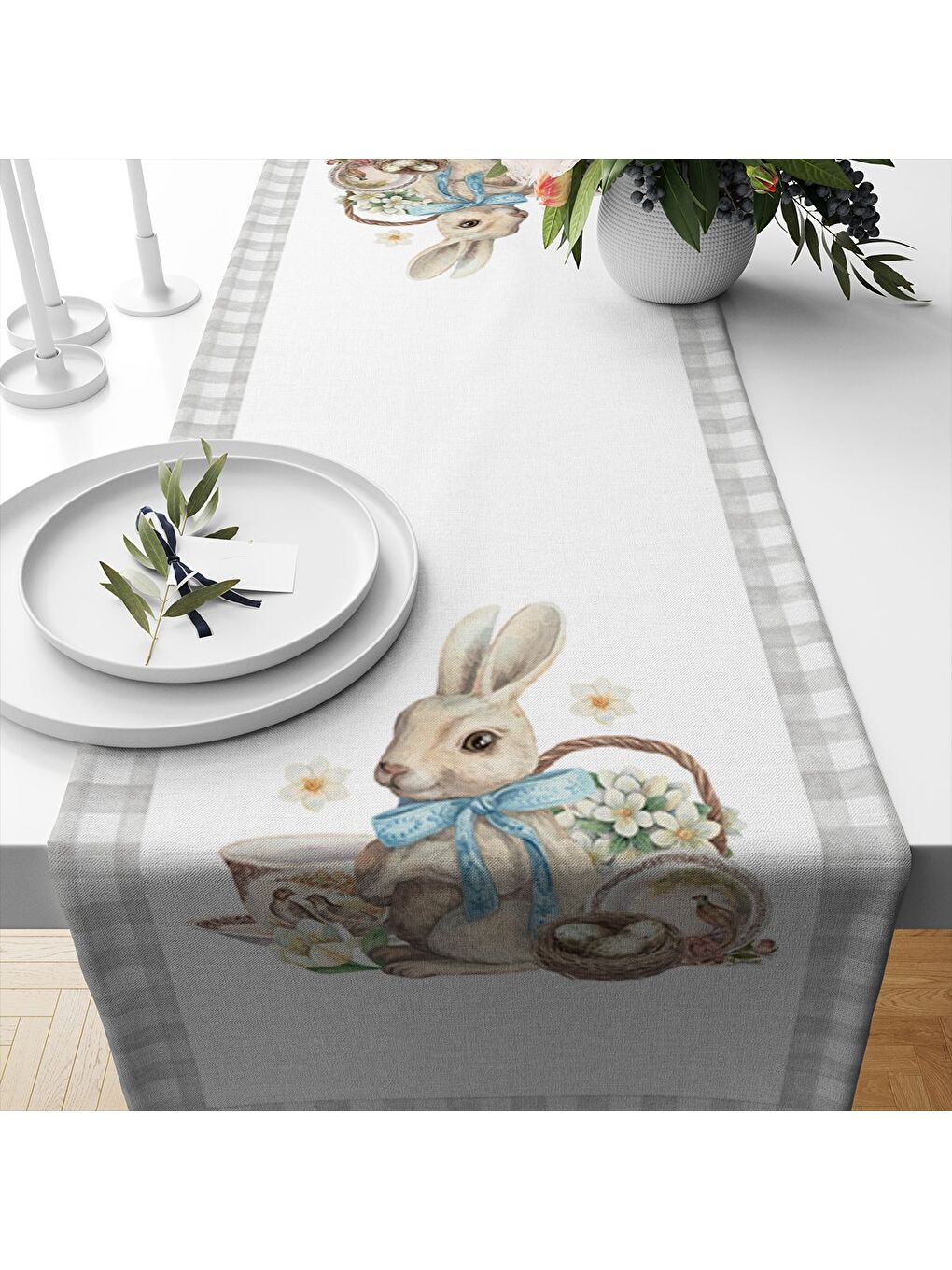 Karışık Bahar Temalı Tavşan Desenli Kadife Kumaş Dijital Baskılı Runner-1