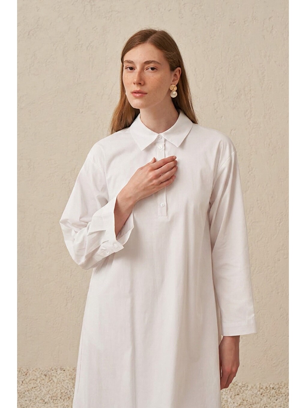 Beyaz-düğme Detaylı Poplin Tunik-3