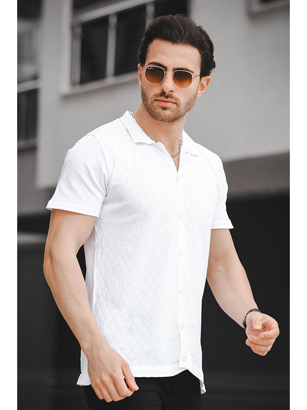 Beyaz Ht 340015 Gömlek Yaka Desenli Slim Fit Kısa Kol Triko Erkek Gömlek