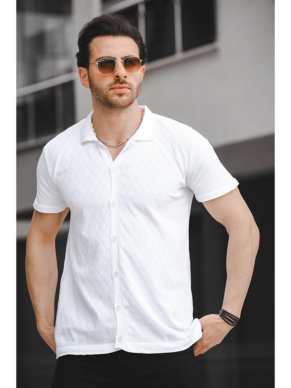 Beyaz Ht 340015 Gömlek Yaka Desenli Slim Fit Kısa Kol Triko Erkek Gömlek-1