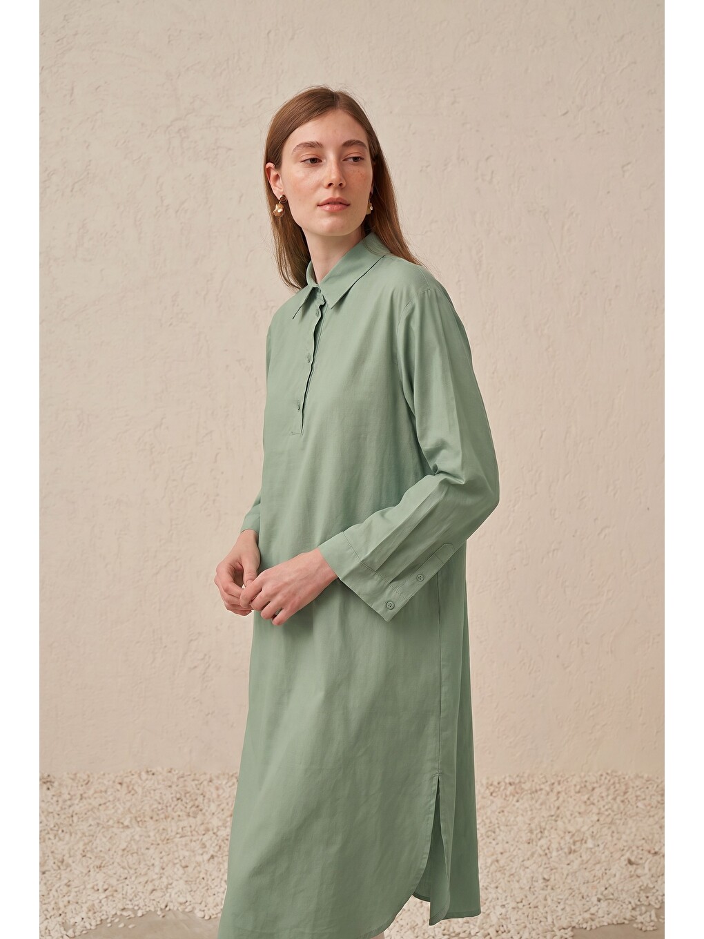Yeşil Mint-düğme Detaylı Poplin Tunik
