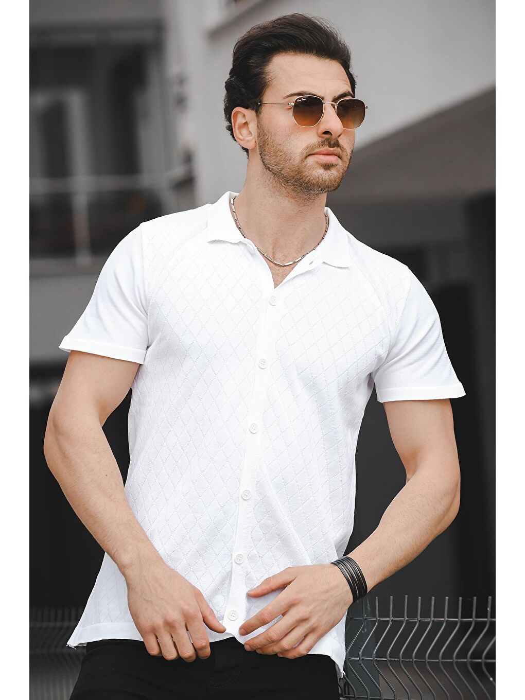 Beyaz Ht 340015 Gömlek Yaka Desenli Slim Fit Kısa Kol Triko Erkek Gömlek-2