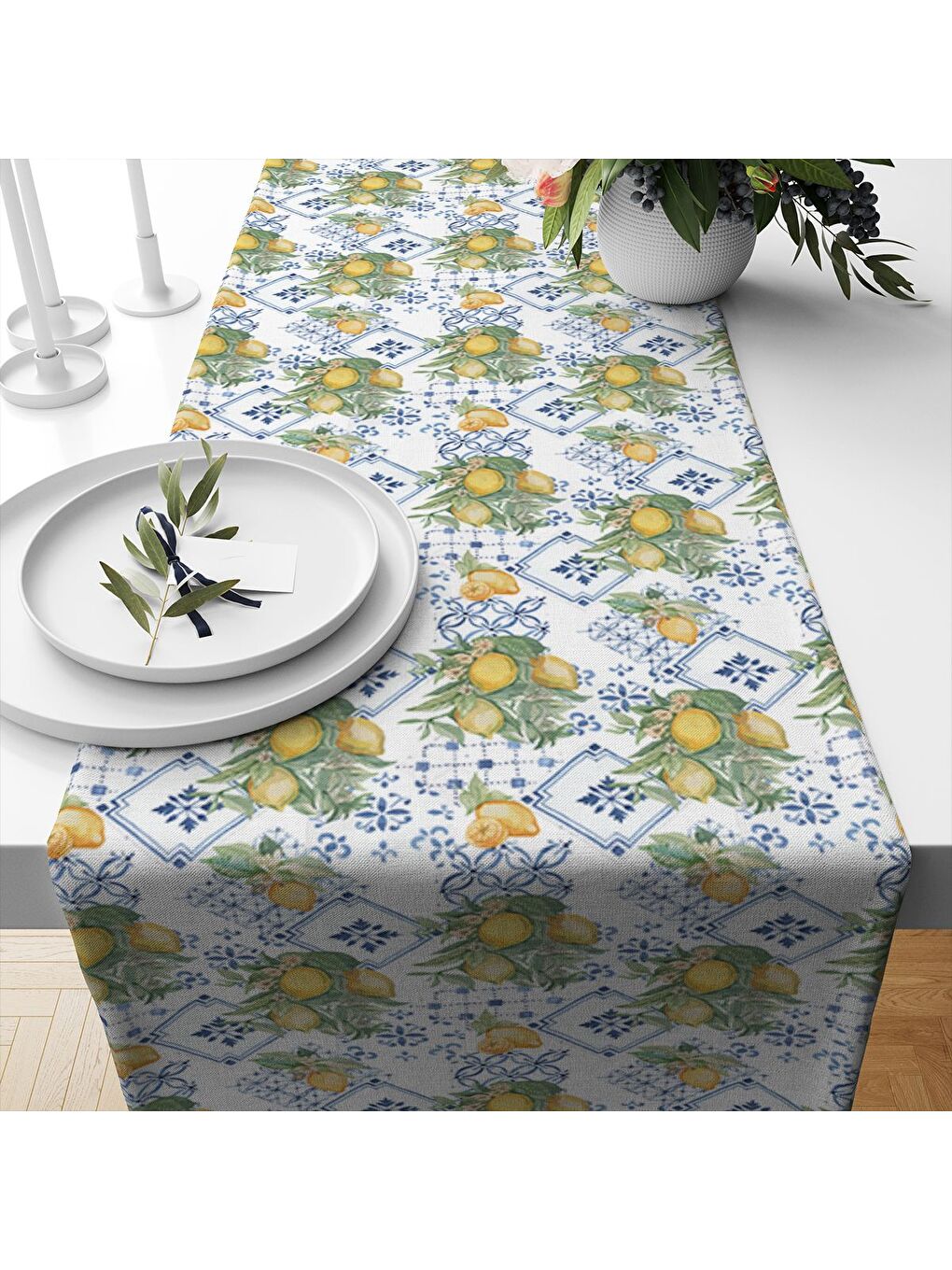 Karışık Bahar Temalı Limon Desenli Kadife Kumaş Dijital Baskılı Runner-1