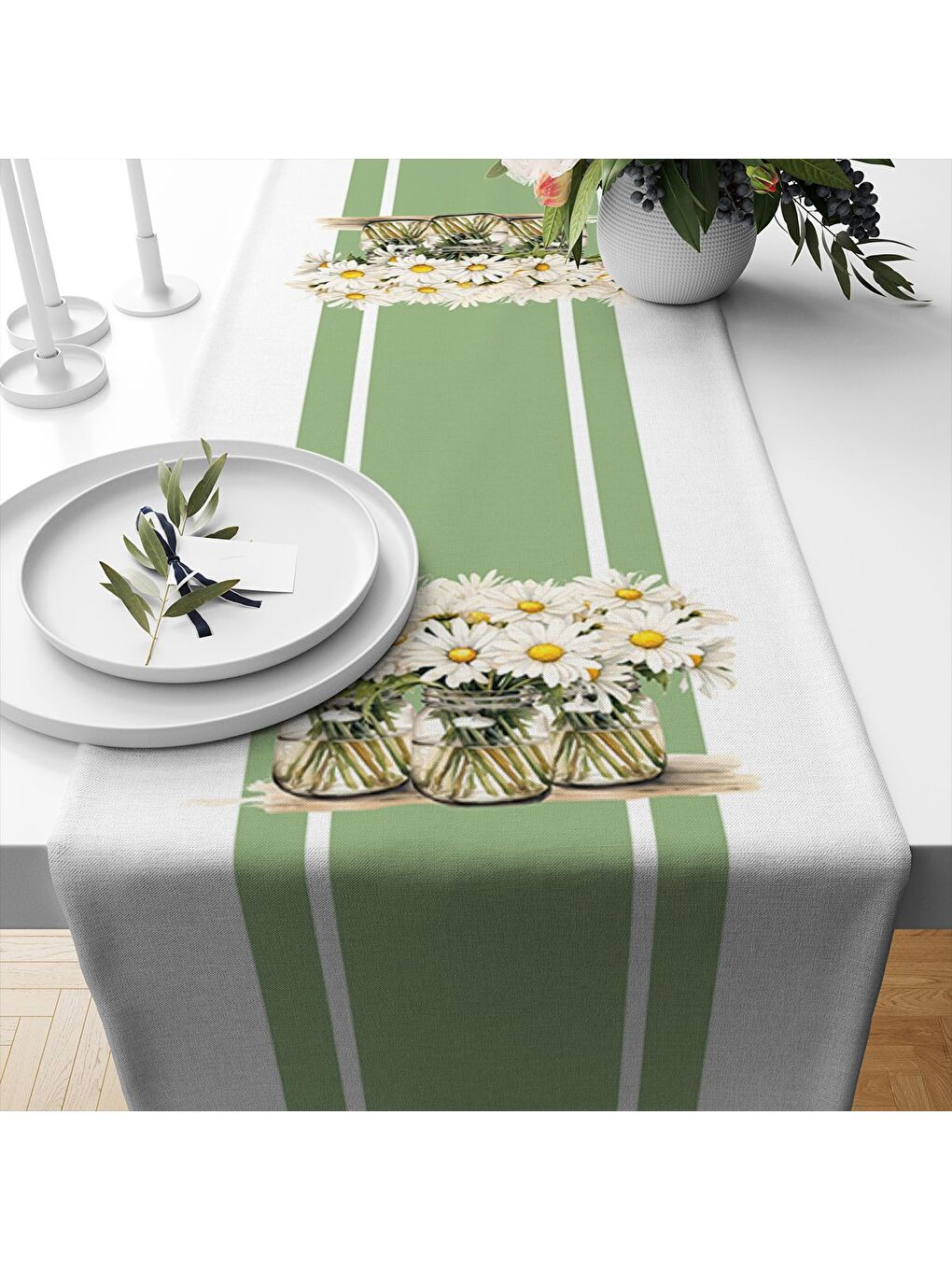 Karışık Bahar Temalı Papatya Desenli Kadife Kumaş Dijital Baskılı Runner-1