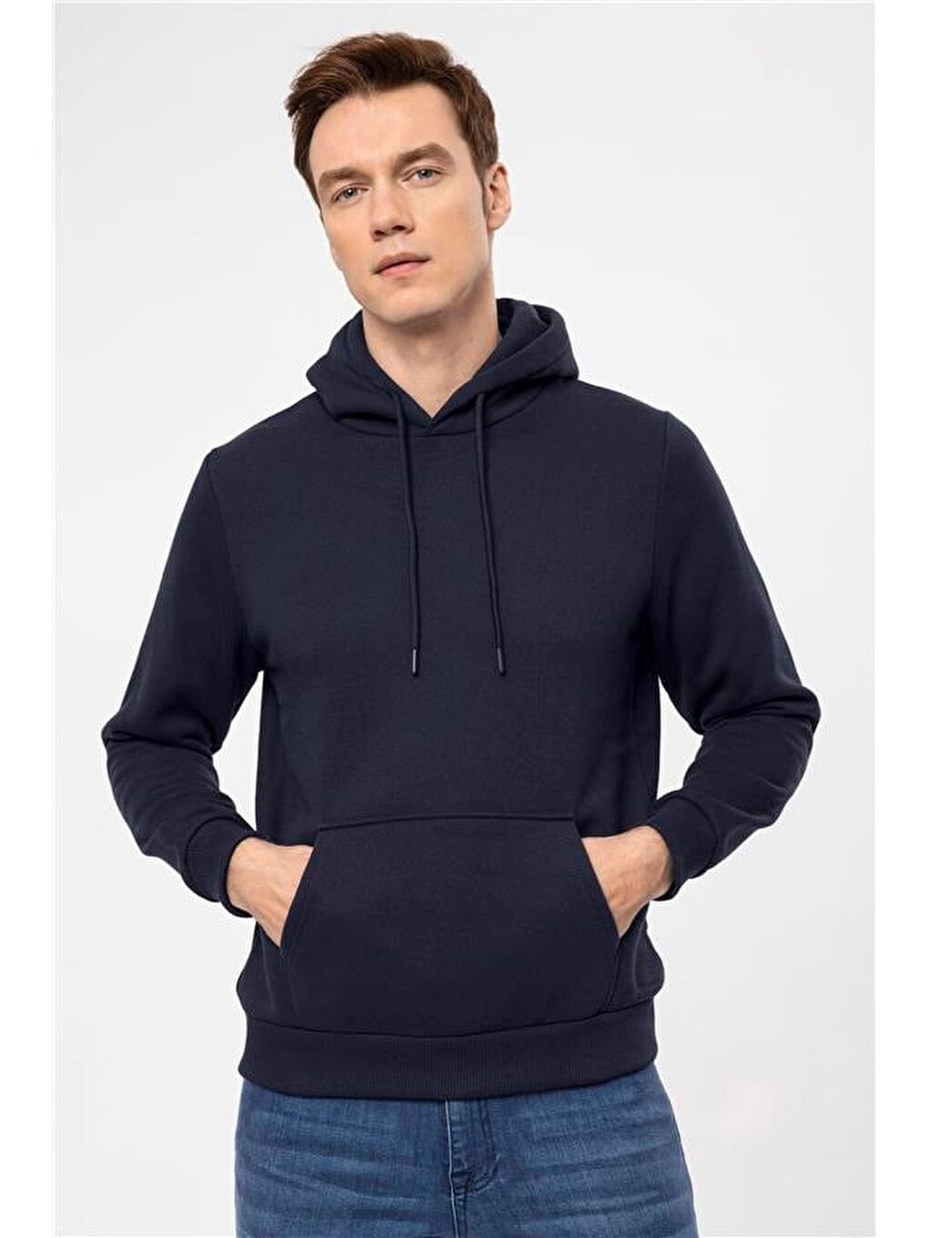 Lacivert Regular Düz Kapüşonlu Yaka Sweatshirt
