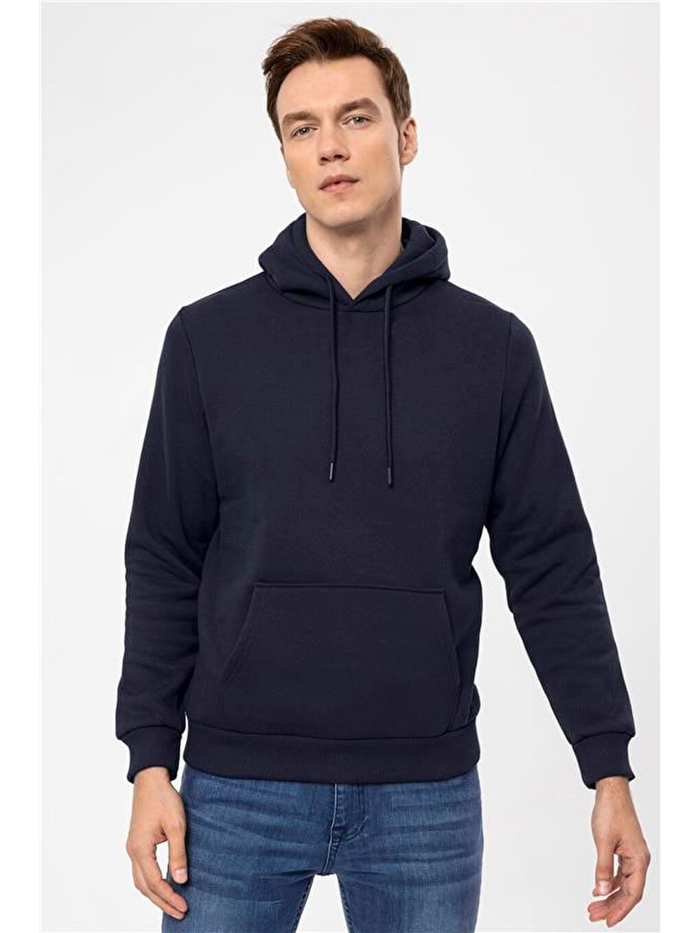 Lacivert Regular Düz Kapüşonlu Yaka Sweatshirt-2