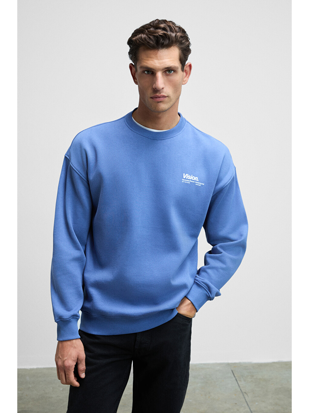 Ernest Erkek Organik Pamuklu Yumuşacık Baskı Detaylı Bisiklet Yaka İçi Polarlı Açık Mavi Sweatshirt-2