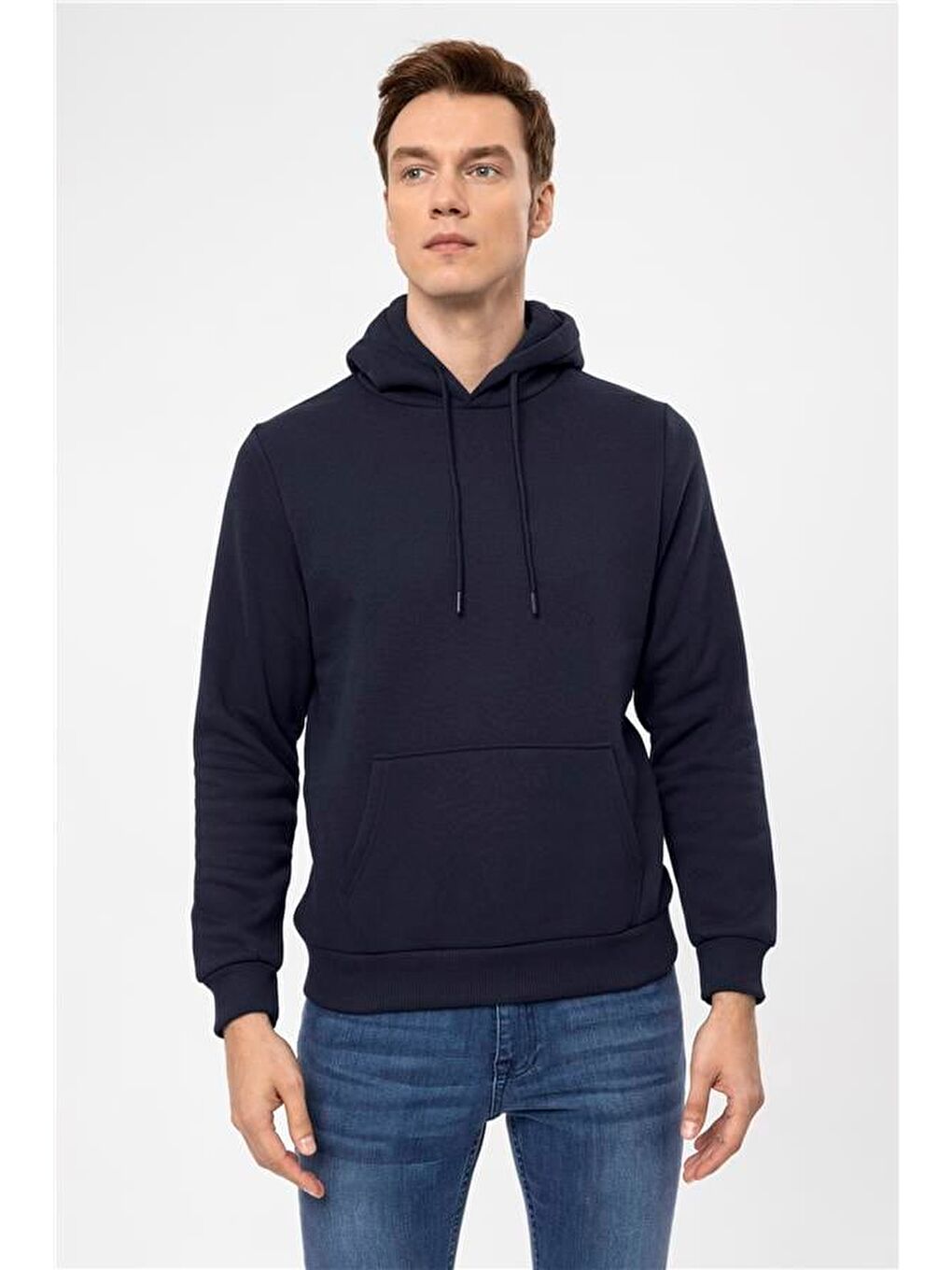 Lacivert Regular Düz Kapüşonlu Yaka Sweatshirt-4