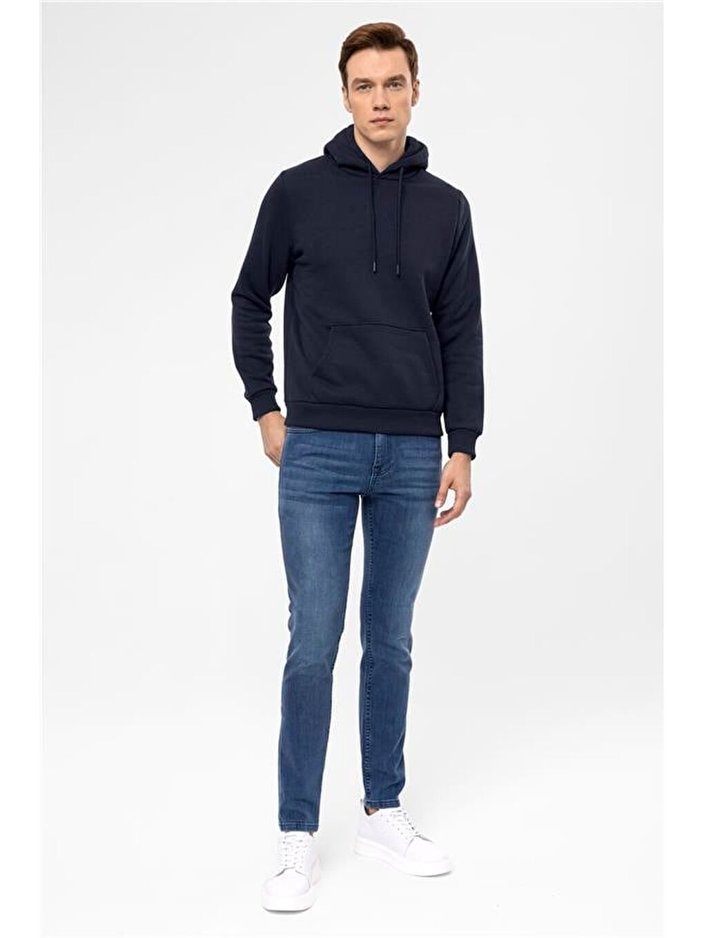 Lacivert Regular Düz Kapüşonlu Yaka Sweatshirt-5