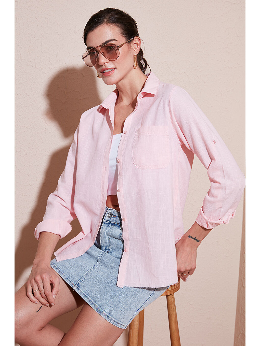 Pembe Pamuklu Regular Fit Cepli Gömlek Cf25S16992