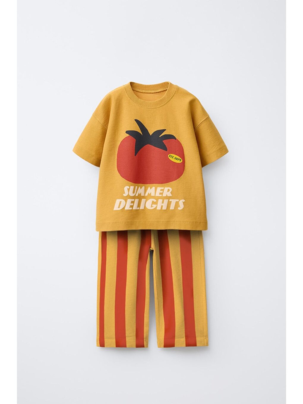 Sarı Unisex Çocuk Pamuklu Hardal Domates Baskılı T-Shirt Takım