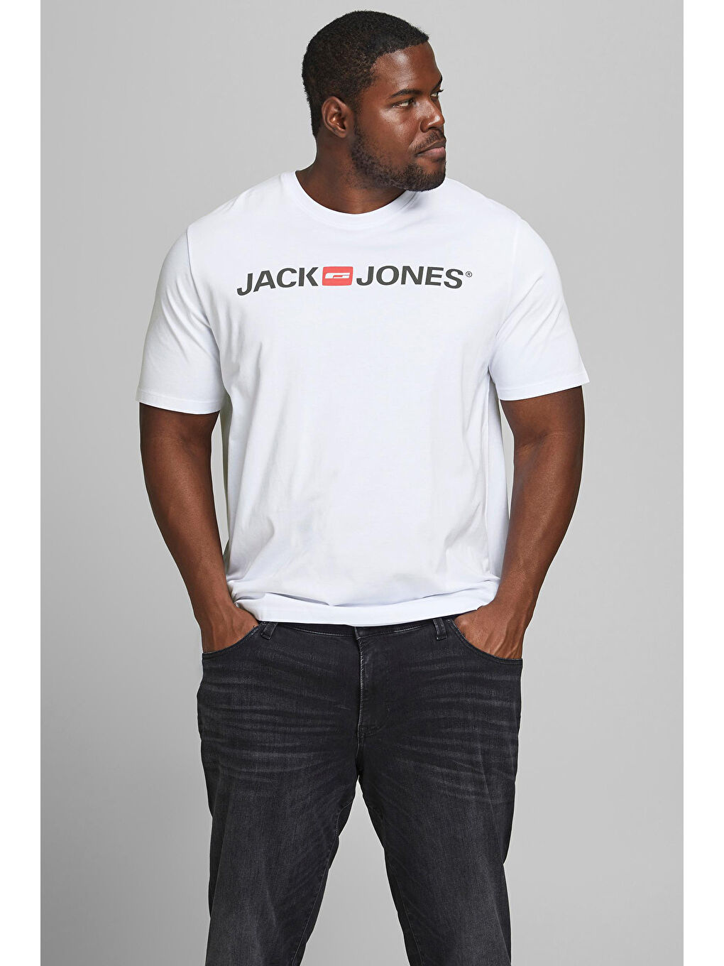 Beyaz Büyük Beden Bisiklet Yaka % 100 Pamuk Plus Jjecorp Erkek T Shirt 12184987-5