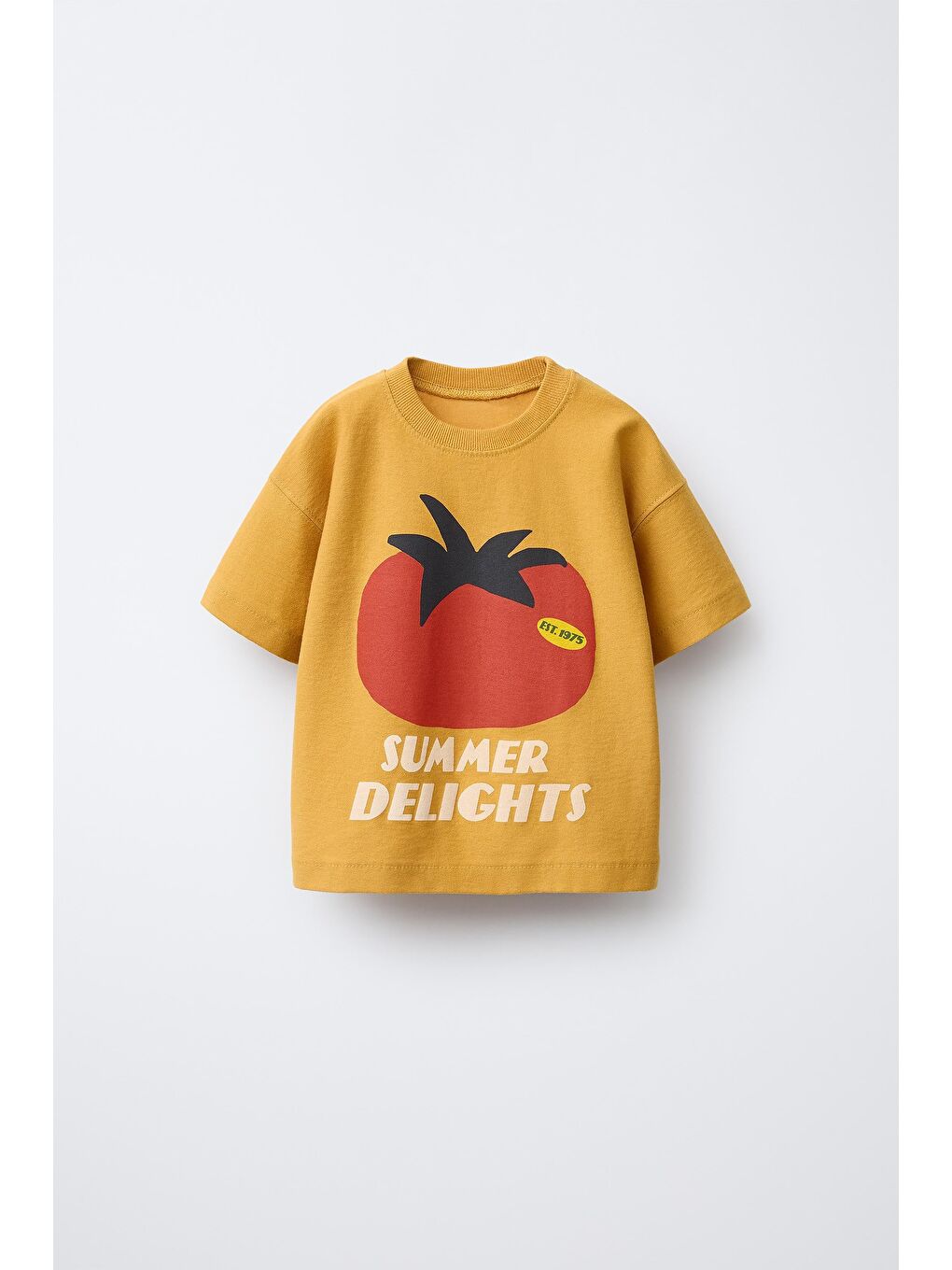 Sarı Unisex Çocuk Pamuklu Hardal Domates Baskılı T-Shirt Takım-1