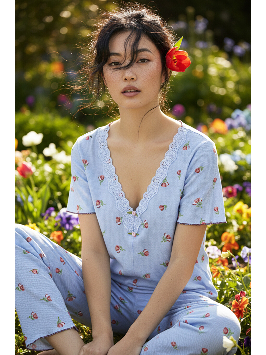 Mavi Lale Desenli Dantelli Bürümcük-krınkıl Kısa Kollu Pijama Takım 26120727