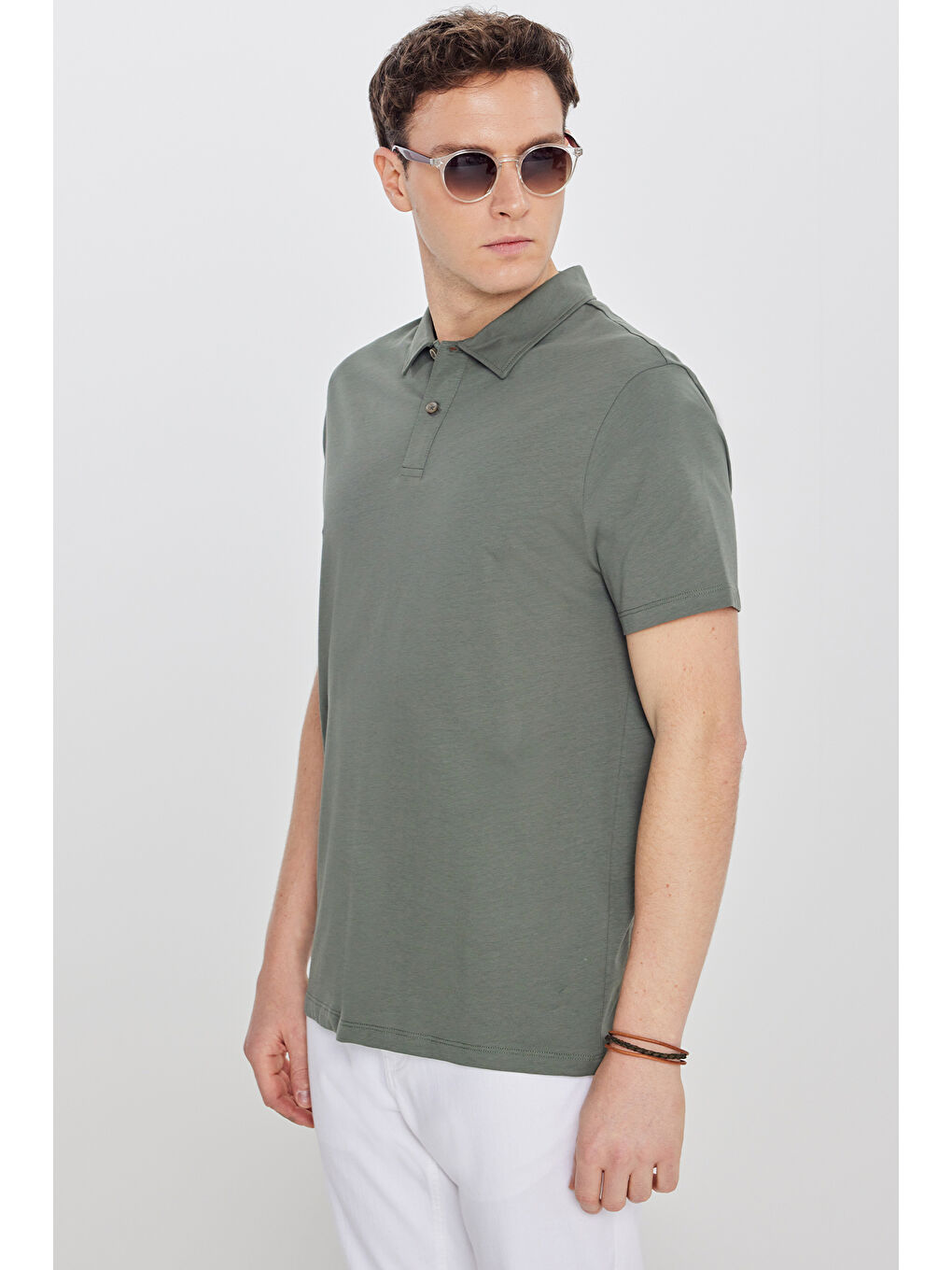 Erkek Haki %100 Pamuk Standart Fit Normal Kesim Polo Yaka Tişört-2