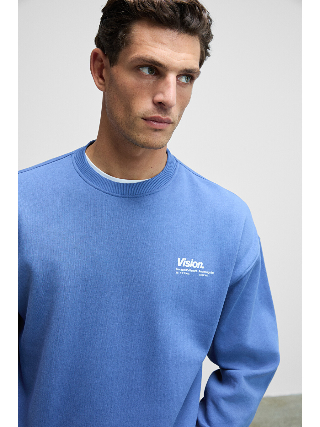 Ernest Erkek Organik Pamuklu Yumuşacık Baskı Detaylı Bisiklet Yaka İçi Polarlı Açık Mavi Sweatshirt-3