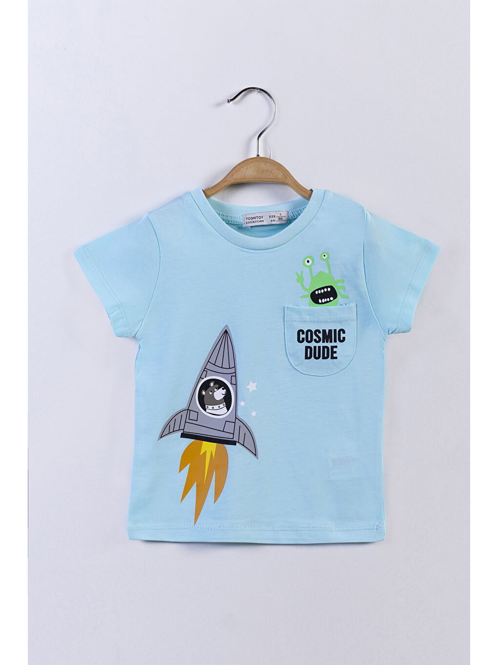 Turkuaz Erkek Çocuk Cep Detaylı Baskılı Tişört-1