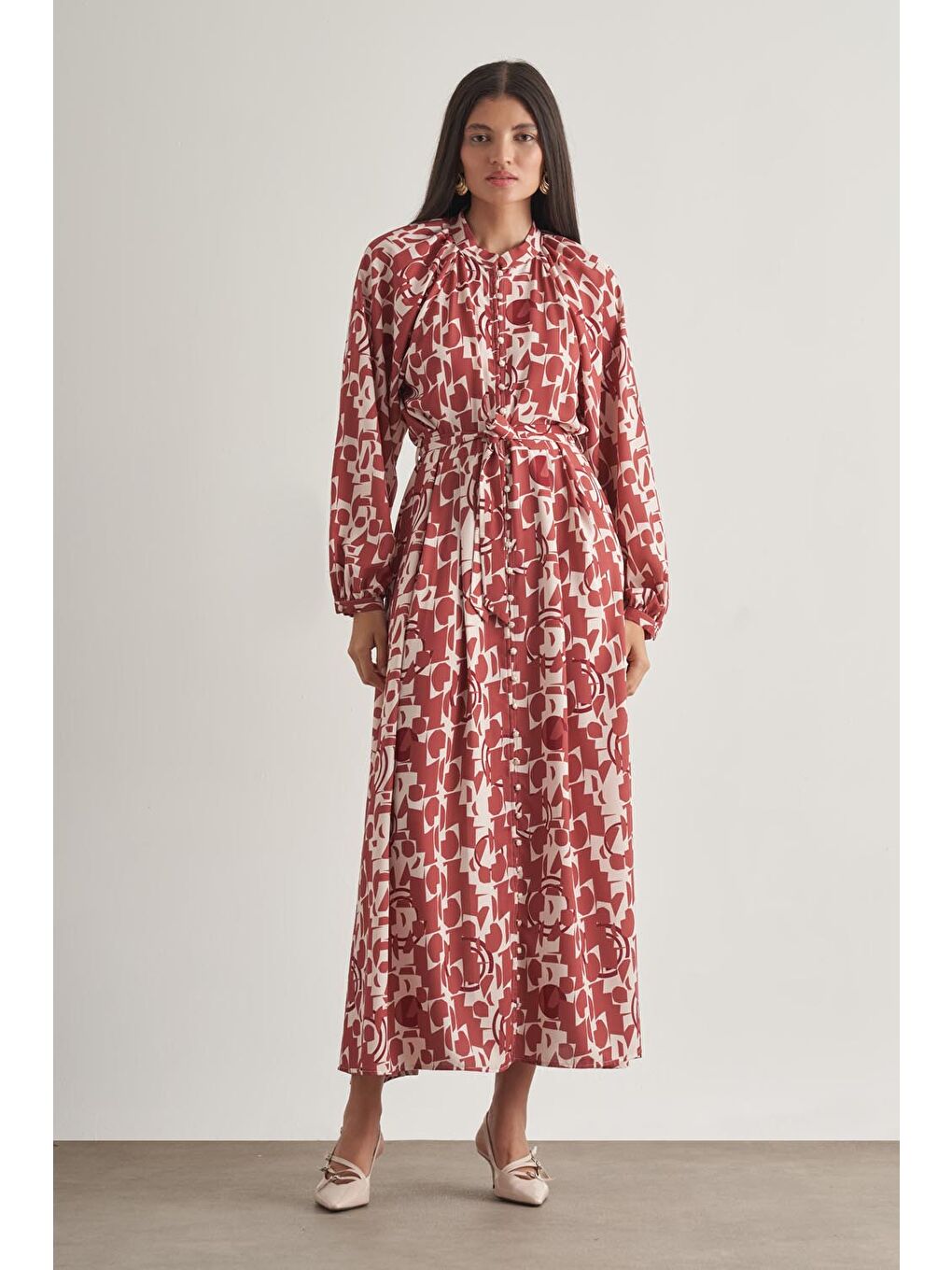 Siyah Keten Dokulu Naturel Desenli Uzun Yazlık Elbise