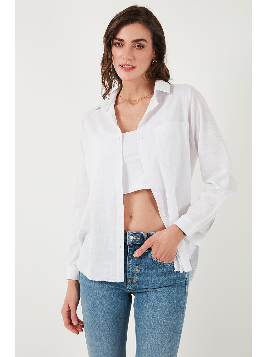 Beyaz Pamuklu Regular Fit Cepli Gömlek Cf25S16992-2