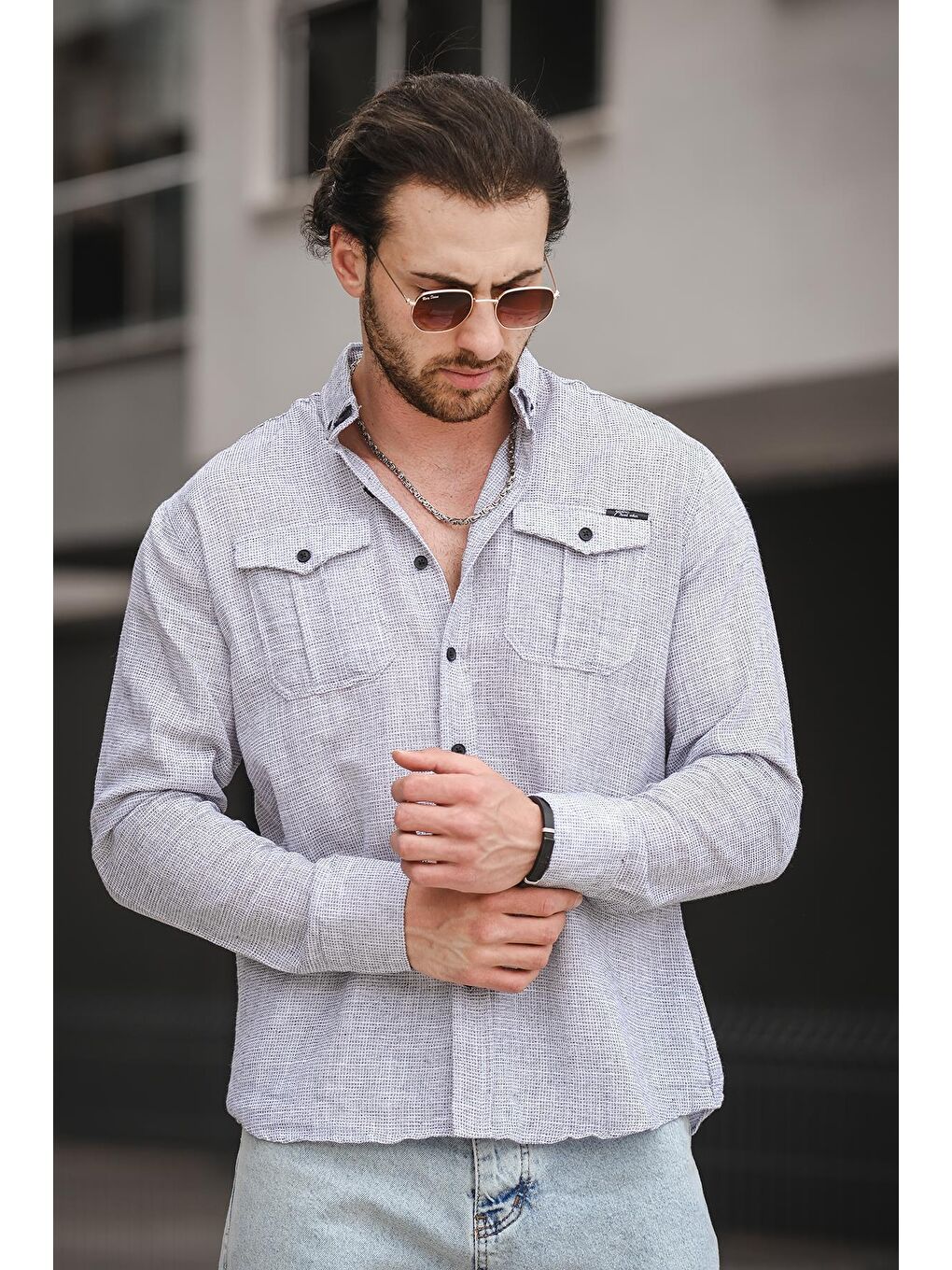 Lacivert Dar Kalıp Çift Cep Kapaklı Keten Görünümlü Erkek Gömlek