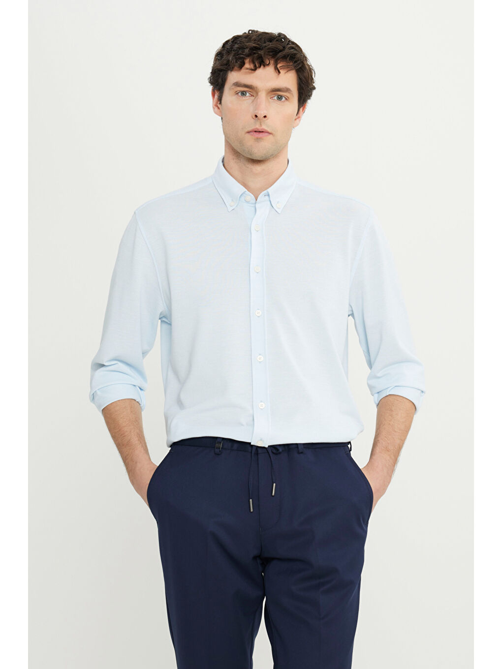 Erkek Mavi 360 Her Yöne Esneyen Pamuklu Slim Fit Dar Kesim Düğmeli Yaka Örme Gömlek