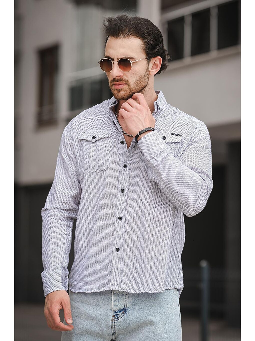 Lacivert Dar Kalıp Çift Cep Kapaklı Keten Görünümlü Erkek Gömlek-1