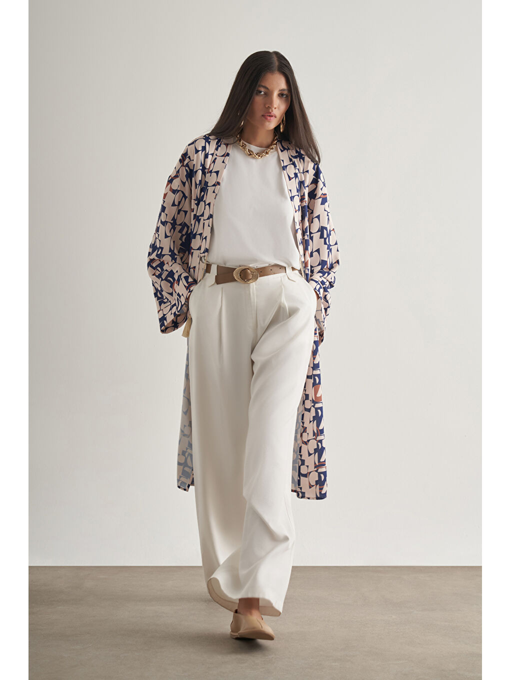 Siyah Keten Dokulu Naturel Desenli Uzun Kimono Üst