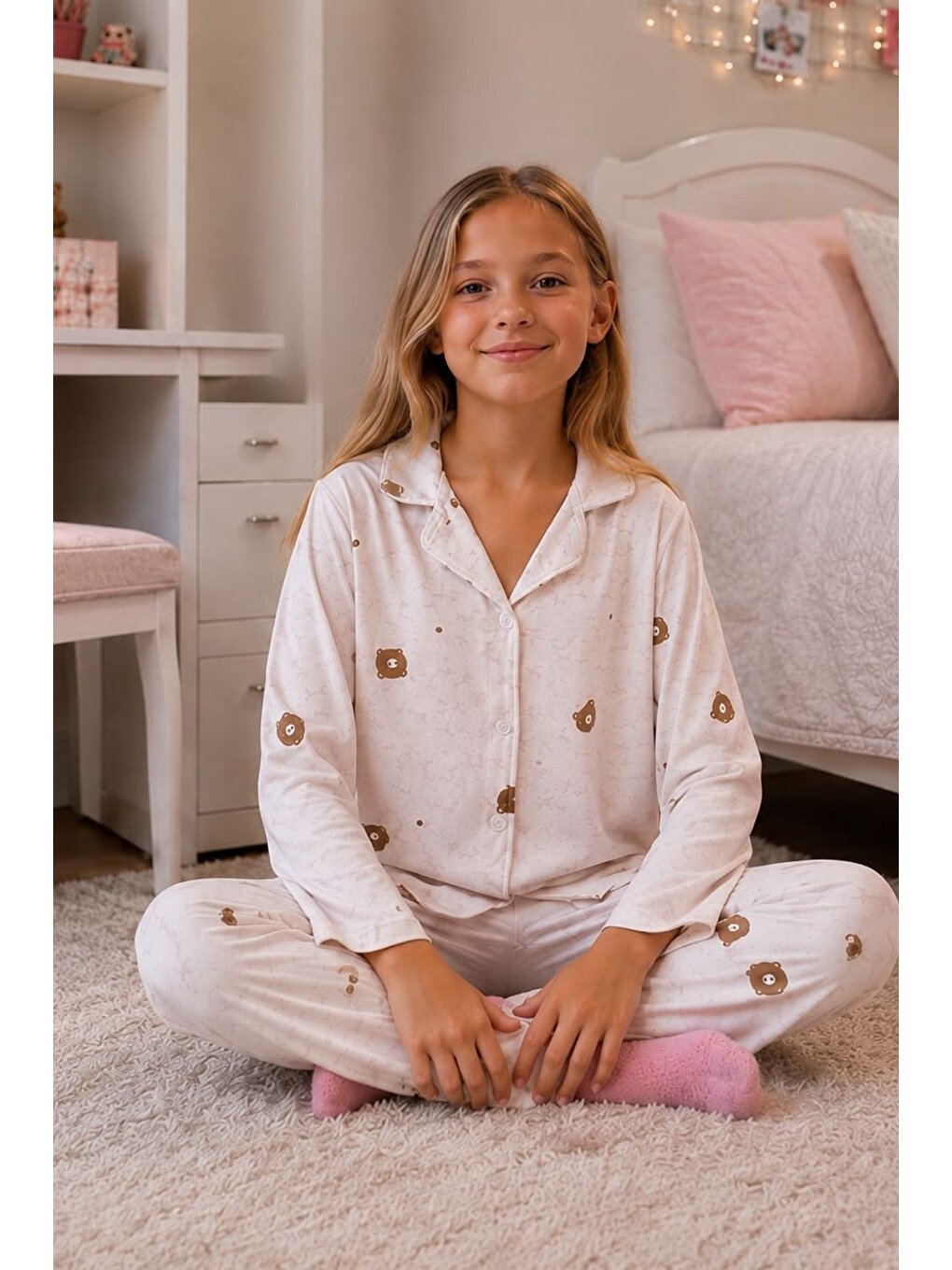 Pembe Kız Çocuk Aile Boyu Pamuklu Desenli Pijama Takım Tkm1023-1
