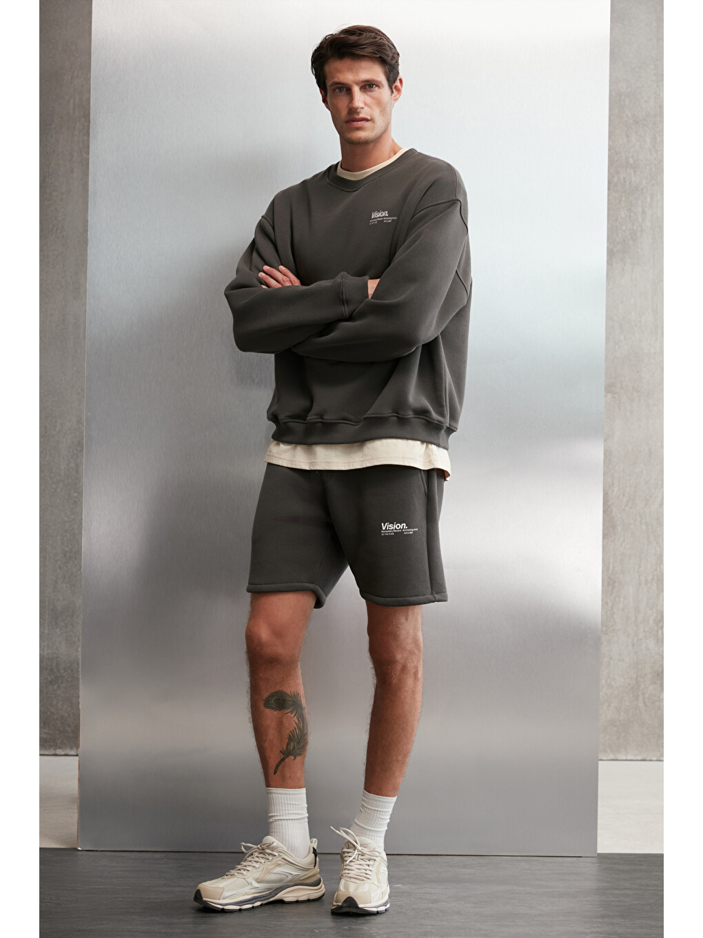 Gri Ernest Erkek Organik Pamuklu Yumuşacık Baskı Detaylı Bisiklet Yaka İçi Polarlı GRİ Sweatshirt-2